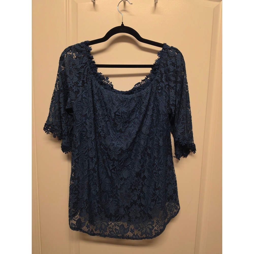 MIHOLL Navy Blue Floral Lace Off the Shoulder Top Bell Sleeve L LTW0920